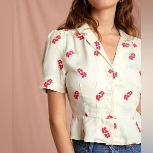 Rouje Anas Short Sleeve Blouse White Jacquard Embroidery Red Floral Button Top